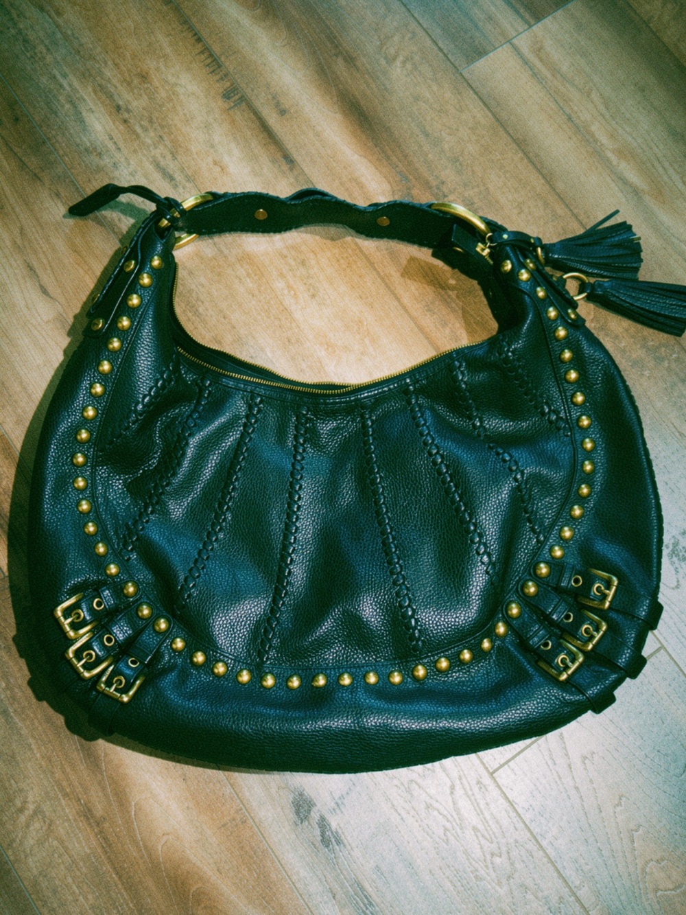 Isabella Fiore Black Leather Studded Hobo with Gold Hardware